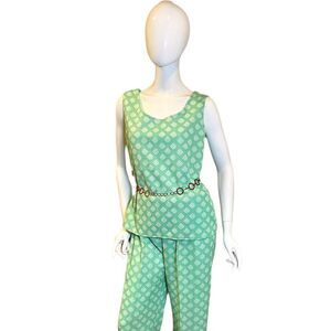 Vintage 70s Coordinated Tank Pants Set Medium Green Pink White